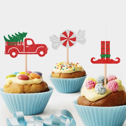 Christmas Cake Toppers Glitter Paper Wood Stick Merry Christmas Reindeer Tree Party Dessert Table Decorations Accessory