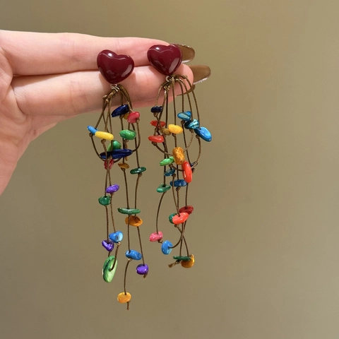 Bohemian Colorful Tassel Drop Earrings Acrylic Heart With 925 Sterling Silver Earring Post Vacation Vintage For Women