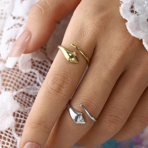 Anillo De Serpiente Para Mujer Ajustable Acero Inoxidable Chapado En Oro De 14K Circonita Animal Espiral Joyas