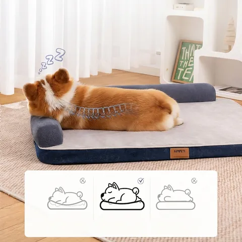 Pet Sofa Bed L-Shaped Bolster Orthopedic Egg Crate Foam Washable Plush Denim Dog Cat Indoor Couch Sleeping Pad