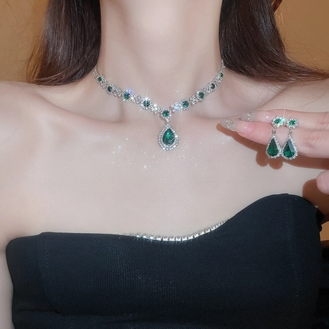 Traan Zirkoon Ketting En Oorbellen Legering Strass Glimmend Waterdruppel Hanger Sieraden Voor Vrouwen Elegante Avondfeest