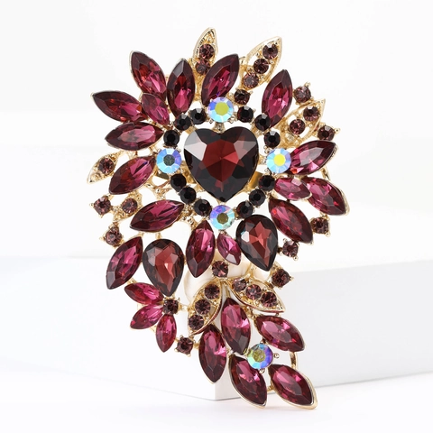 Vintage Große Legierung Herz Glas Strass Brosche Für Damen Luxus Floral Blatt Schal Nadel Hochzeit Bankett Kleid Schmuck