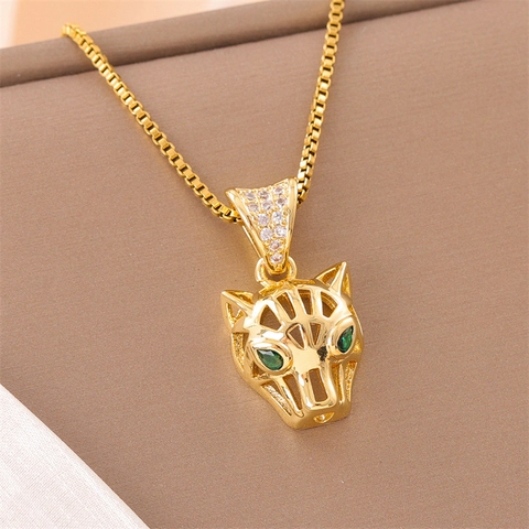 Hollow Leopard Head Pendant Necklace Stainless Steel With Green Zircon Golden Box Chain Chic Jewelry For Women