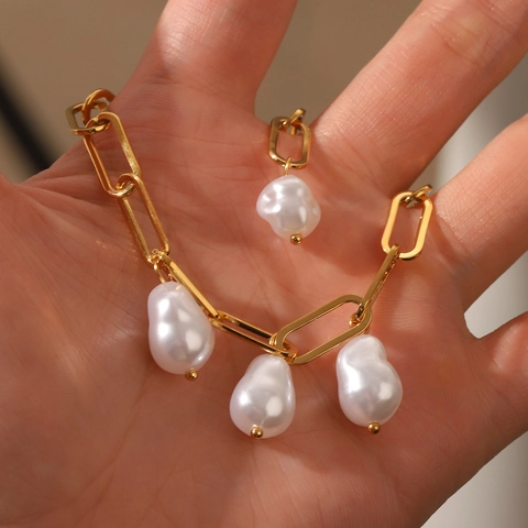 Bracelet Femme En Acier Inoxydable Plaqué Or 18K Avec Künstliche Perles Baroques Mode Minimaliste Bijoux