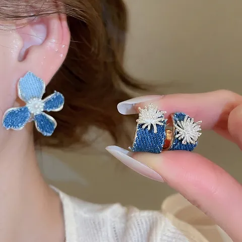 Pendientes De Flores De Mezclilla Azul Con Perla Artificial De Imitación Poste De Plata Joyería Vintage Para Mujer
