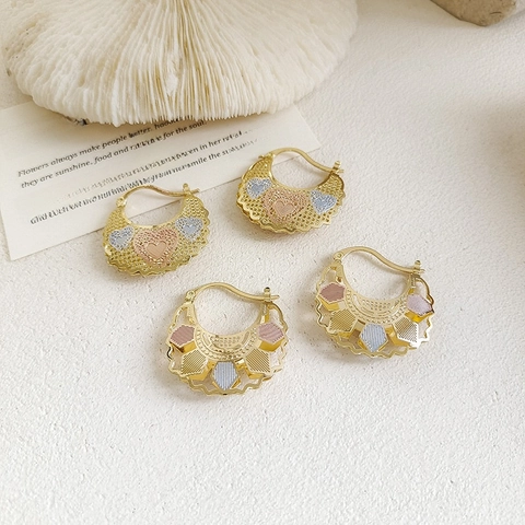 Fashion Copper Hoop Earrings For Women Tri-Color Hollow Out Heart Floral Geometric Round Earrings Simple Exaggerated Jewelry