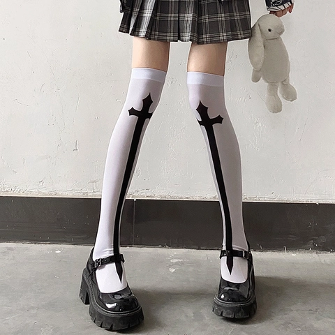 Halloween Thigh High Socks Cotton Polyester Over The Knee Gothic Skull Cross Spider Web Print Lolita Cosplay For Women