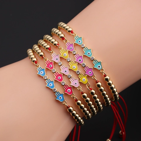 Hamsa Hand Evil Eye Charm Bracelet For Women Adjustable Red Rope Jewelry Copper Cubic Zirconia Enamel Beads
