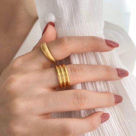 Stainless Steel Rings Gold Plated Multi Layer Textured Geometric Minimalist French Vintage Style Fashion Jewelry For Women