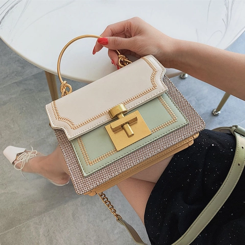 Women Crossbody Bag PU Leather Woven Patchwork Round Metal Handle Chain Strap Square Flap Handbag Elegant