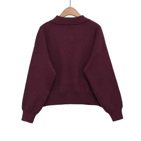 Suéter Polo De Punto De Manga Larga Rojo Oscuro Para Mujer Top Con Cuello De Solapa Con Bolsillo Puños Acanalados Elegante