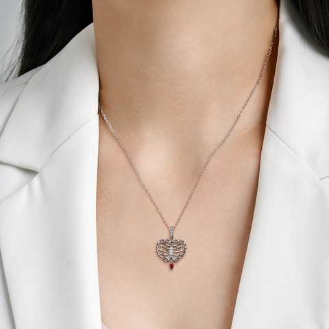 Collana con Pendente a Gabbia Toracica a Cuore in Argento Sterling S925 Gotico Strass Rosso Gioielli Estetici Regalo per Donna