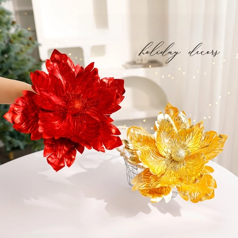 Glitter Velvet Fabric Artificial Poinsettia Flowers Christmas Tree Decorations Holiday Scene Layout Ornaments Festive Sparkling
