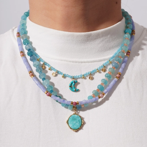 Boheems Geparelde Hanger Halsketting Voor Dames Titaniumstaal Natuursteen Maan Ovale Charm Gelaagde Mode Sieraden