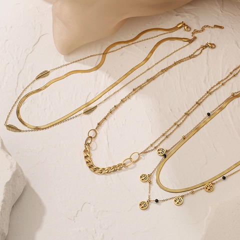 Double Layer Necklace Titanium Steel Tree Of Life Leaf Pendant Snake Chain Gold Plated Jewelry For Women