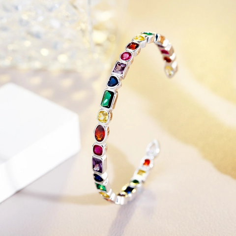 Luxe Koperen Regenboog Zirconia Open Armring Voor Dames Geometrisch Kleurrijk Goud Zilver Verguld Sieraden Cadeau