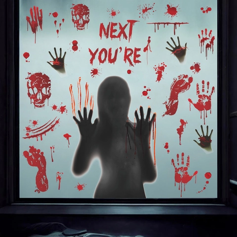 Calcomanías Ventana Halloween PVC Horror Huellas Sangre Sombra Fantasma Decoración Pared Fiesta Espeluznante