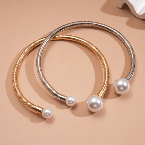 Geometric Open Torque Choker Necklace Metal Alloy And Faux Artificial Pearl Minimalist Bold Statement Jewelry For Women