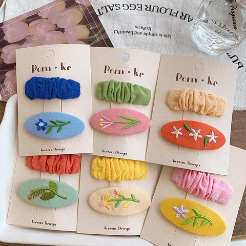 Embroidered Fabric Hair Clips For Kids Floral Pleated BB Hairpins Cute Korean Style Girls Headwear
