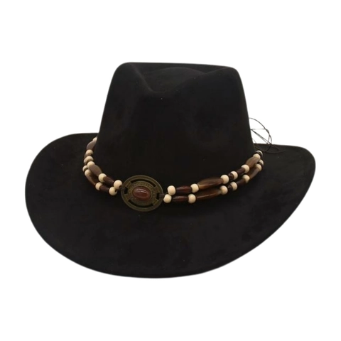 Western Cowboy Hat Faux Suede Wide Brim Beaded Band Retro Bohemian Style Outdoor Sun Protection Jazz Fedora For Adults