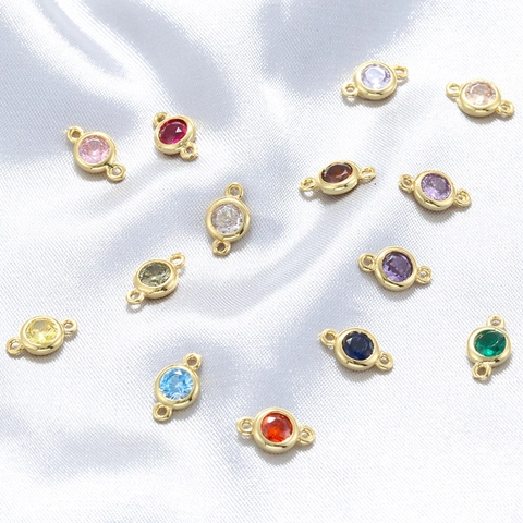 Round Cubic Zirconia Birthstone Connectors Brass Double Loop Links For DIY Jewelry Making Bracelet Necklace