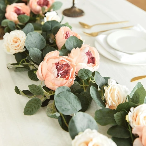 Artificial Rose Peony Eucalyptus Garland Satin Cloth Plastic Vine For Wedding Arch Table Wall Hanging Home Decoration