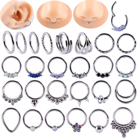 G23 Titanium Stainless Steel Nose Ring Hinged Segment Clicker Opal Zircon Snake Hoop Earrings Septum Helix Piercing Jewelry