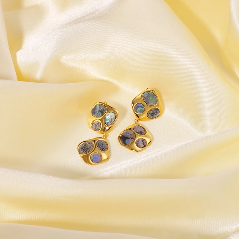 Orecchini Pendenti Quadrati Geometrici Acciaio Inossidabile Placcato Oro 18K Intarsio Conchiglia Nera Naturale Stile Minimalista Francese Donne