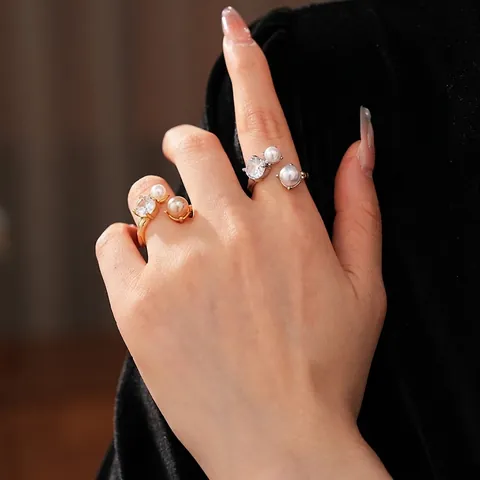 Adjustable Artificial Pearl Zircon Open Ring Copper Artificial Pearls Cubic Zirconia Inlaid Elegant French Vintage Jewelry For Women
