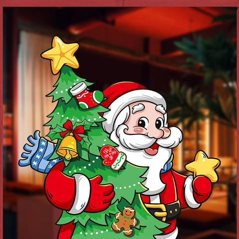 Christmas Static Cling Window Stickers Santa Claus Tree PVC Decals Double Sided Holiday Party Cartoon Home Decor