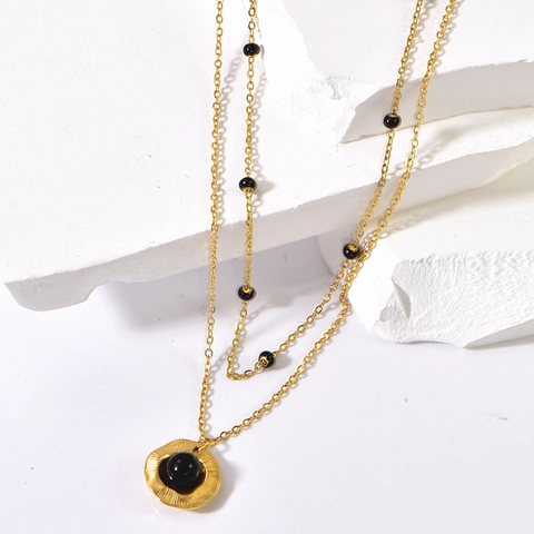 Collar de Doble Capa de Acero Inoxidable Oro para Mujer Con Perla Negra Artificial Colgante Redondo Irregular Joyería