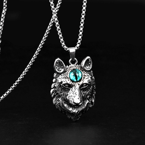 Collana Con Pendente Testa Di Lupo Vintage Con Ciondolo In Lega Di Pietra Preziosa Blu Catena A Scatola In Acciaio Inossidabile Gioielli Punk Hip Hop Per Uomini