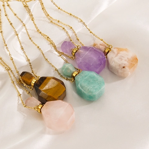 Perfume Bottle Pendant Necklace Stainless Steel Natural Stone Gold Plated Beaded Chain Essential Oil Diffuser Women
