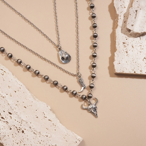 Layered Necklace Alloy Antique Silver Bull Skull Cowboy Hat Western Boot Charms Vintage Bohemian Jewelry For Women
