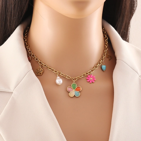 Women Gold Stainless Steel Pendant Necklace With Enamel Evil Eye Butterfly Flower Heart Ocean Charms And Faux Artificial Pearl