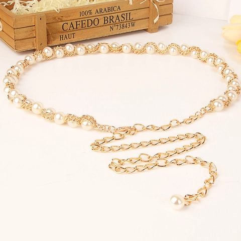 Elegante Catena da Vita con Perle Artificiali Donna Cintura a Catena in Lega di Alluminio Oro Accessorio Regolabile per Abito