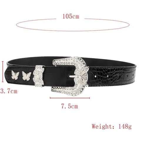 Women's Vintage Crocodile Pattern PU Leather Belt With Rhinestone Butterfly Buckle Western Fashion Y2K Waist Strap Black