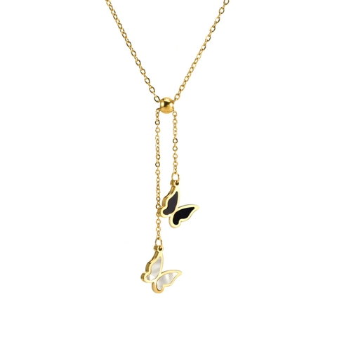 Collar Con Colgante De Mariposa Acero De Titanio Doble Mariposa Negro Blanco Concha Borla Cadena En Y Ajustable Mujeres