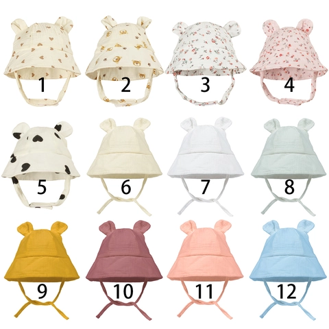 Baby Cotton Muslin Fisherman Hat With Cute Animal Ears Windproof Strap Infant Toddler Summer Breathable Sun Protection Hat