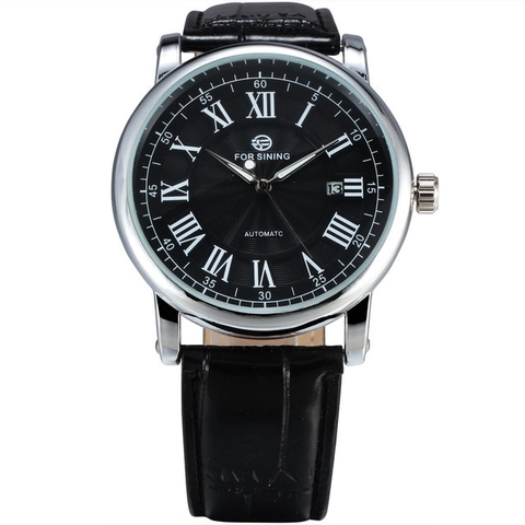Automatic Mechanical Watch Men Faux Leather Strap Roman Numeral Date Display Alloy Case Business Casual Round Dial