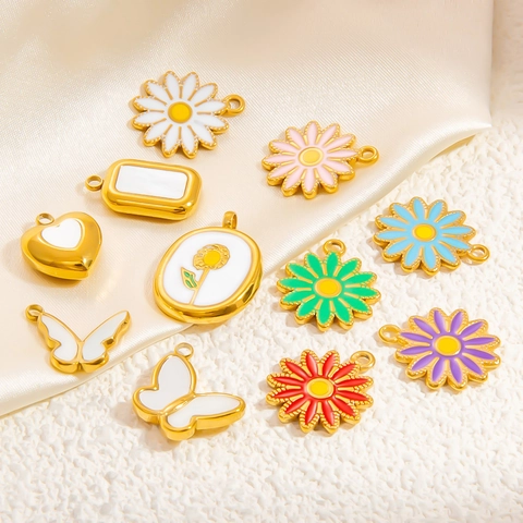 Dijes De Margarita Mariposa Corazón Acero Inoxidable Esmalte Goteo Aceite Chapado En Oro Colgantes Para Joyería DIY