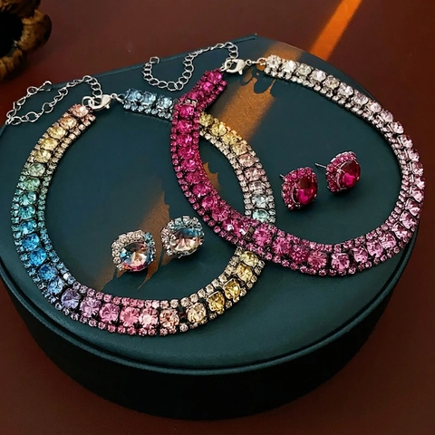 Gioielli In Rame Con Strass Collana E Orecchini Per Donna Lusso Elegante Sfumato Lucido Accessori Matrimonio Festa
