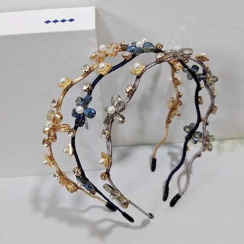 Crystal Flower Artificial Pearl Rhinestone Headband Elegant Korean Style Thin Metal Fabric Wrapped Hair Band For Women