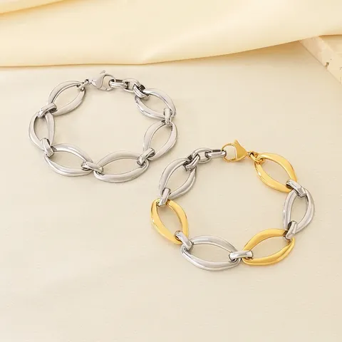 Chunky Oval Link Bracelet Stainless Steel Hollow Geometric Industrial Style Jewelry For Men Women Dual Tone Silver Gold