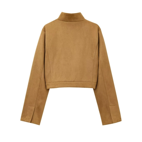 Chaqueta Corta De Gamuza Sintética Para Mujer Cuello Alzado Manga Larga Cremallera Color Sólido Casual Moda Exterior