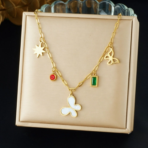 Stainless Steel Gold Plated Necklace Mother Of Artificial Pearl Butterfly Star Colorful Gemstone Fashion Korean Jewelry For Women