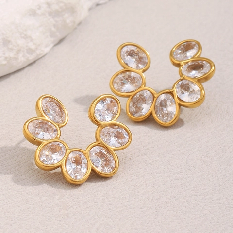 Flower Stud Earrings Stainless Steel 18K Gold Plated Cubic Zirconia Retro INS Style Versatile Fashion Jewelry For Women