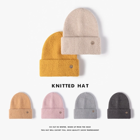 Knitted Beanie Hat Faux Rabbit Fur Plush Warm Winter Thickened Cuffed Cold Cap Rhinestone Letter Metal Logo For Women