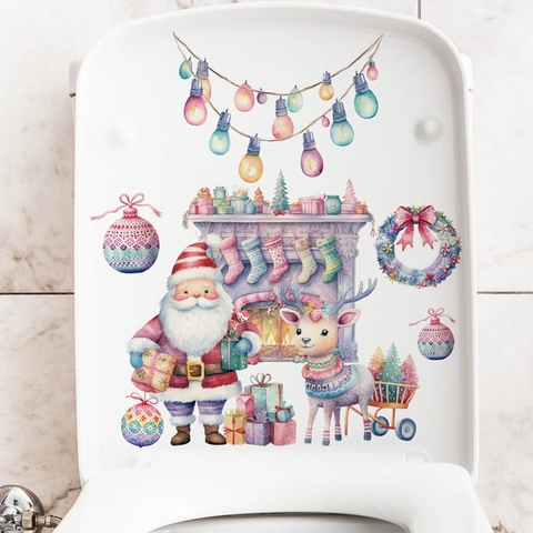 Pegatinas De Pared De Navidad De Papá Noel Rosa Acuarela Reno Calcomanías De PVC Removibles Para Ventana De Baño