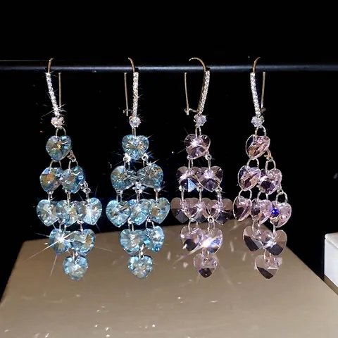Funkelnde Herzförmige Kristall Zirkon Lange Quasten Ohrhänger Für Damen Eleganter Schmuck Mit Silbernem Ohrstecker